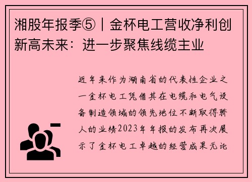 湘股年报季⑤｜金杯电工营收净利创新高未来：进一步聚焦线缆主业