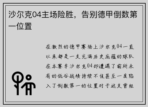 沙尔克04主场险胜，告别德甲倒数第一位置